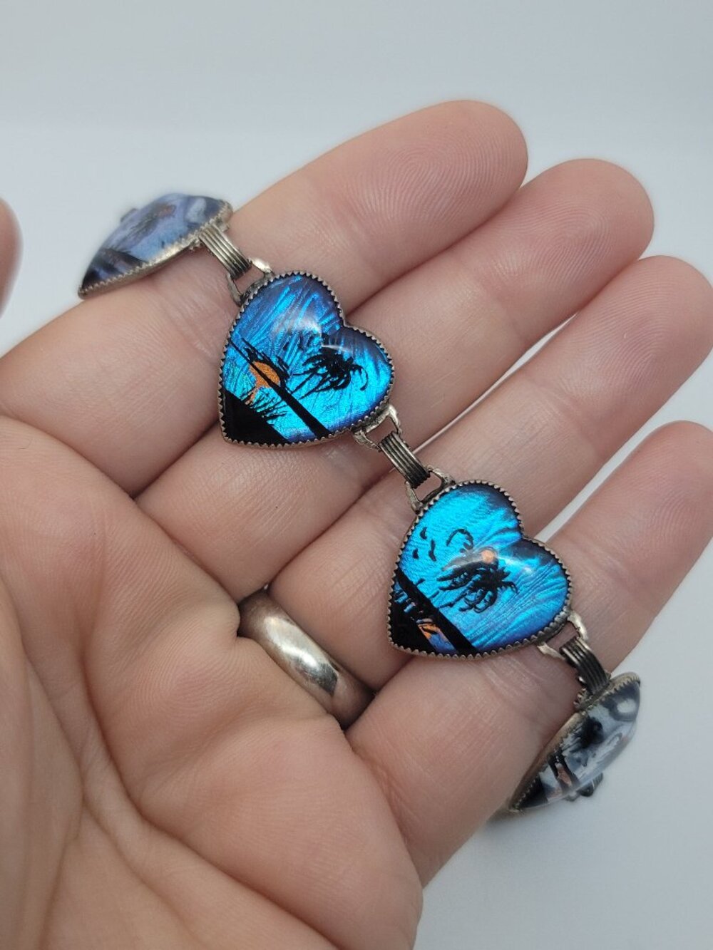 Vintage Sterling Butterfly Wing, Heart Panel, Tropical Scene Bracelet by Hoffman - Picture 2 of 4